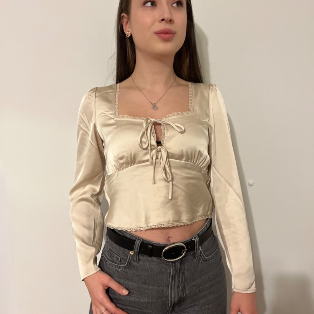 REVOLVE Ton Blouse Tie Front Long Sleeve Lace Trim Satin - Picture 3 of 9